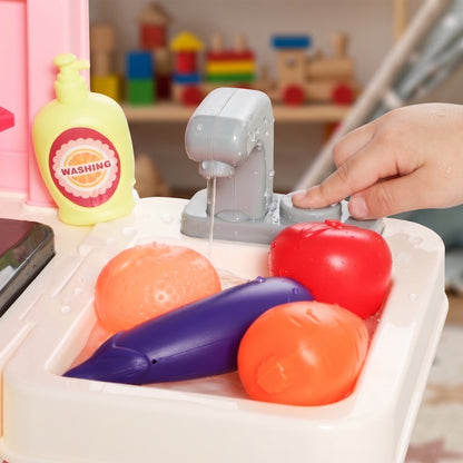 Kids Play Kitchen | Pink 33-Piece Pretend Cooking Set with Lights, Sounds & Water-Circulating Sink