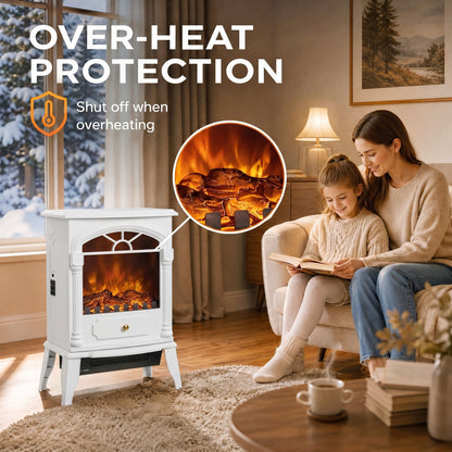 Electric Fireplace Stove | White Portable 2000W Heater with 3D Flame Effect & Thermostat
