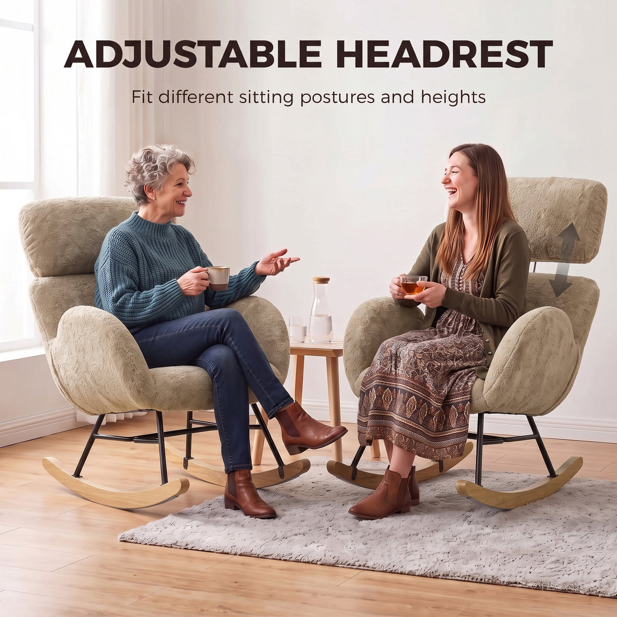 Upholstered Rocking Chair with 8cm Adjustable Headrest | 105° Rocking Motion | Raindrop Velvet High-Density Foam | Steel Plywood Frame Rubberwood Legs | 120kg Capacity | BS5852 | Light Brown | 71x90x100cm | Assembly Required