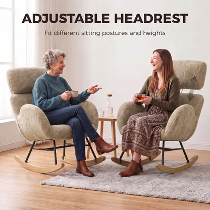 Upholstered Rocking Chair with 8cm Adjustable Headrest | 105° Rocking Motion | Raindrop Velvet High-Density Foam | Steel Plywood Frame Rubberwood Legs | 120kg Capacity | BS5852 | Light Brown | 71x90x100cm | Assembly Required