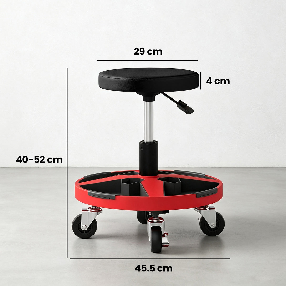 Black Rolling Mechanic Stool | 40-52 cm Adjustable Workshop Seat with 360° Swivel, Tool Tray, Bottle Holders & 135 kg Capacity