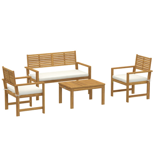 4-Piece Acacia Wood Garden Sofa Set | Loveseat, 2 Armchairs & Table | Cream White Cushions