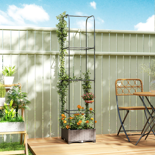Raised Garden Bed with Trellis | PE-Coated Steel | Drainage Holes & Drain Plugs | Water Reservoir | 35x35x19cm Planting Area | 12kg Capacity | Patio Balcony & Yard | Black