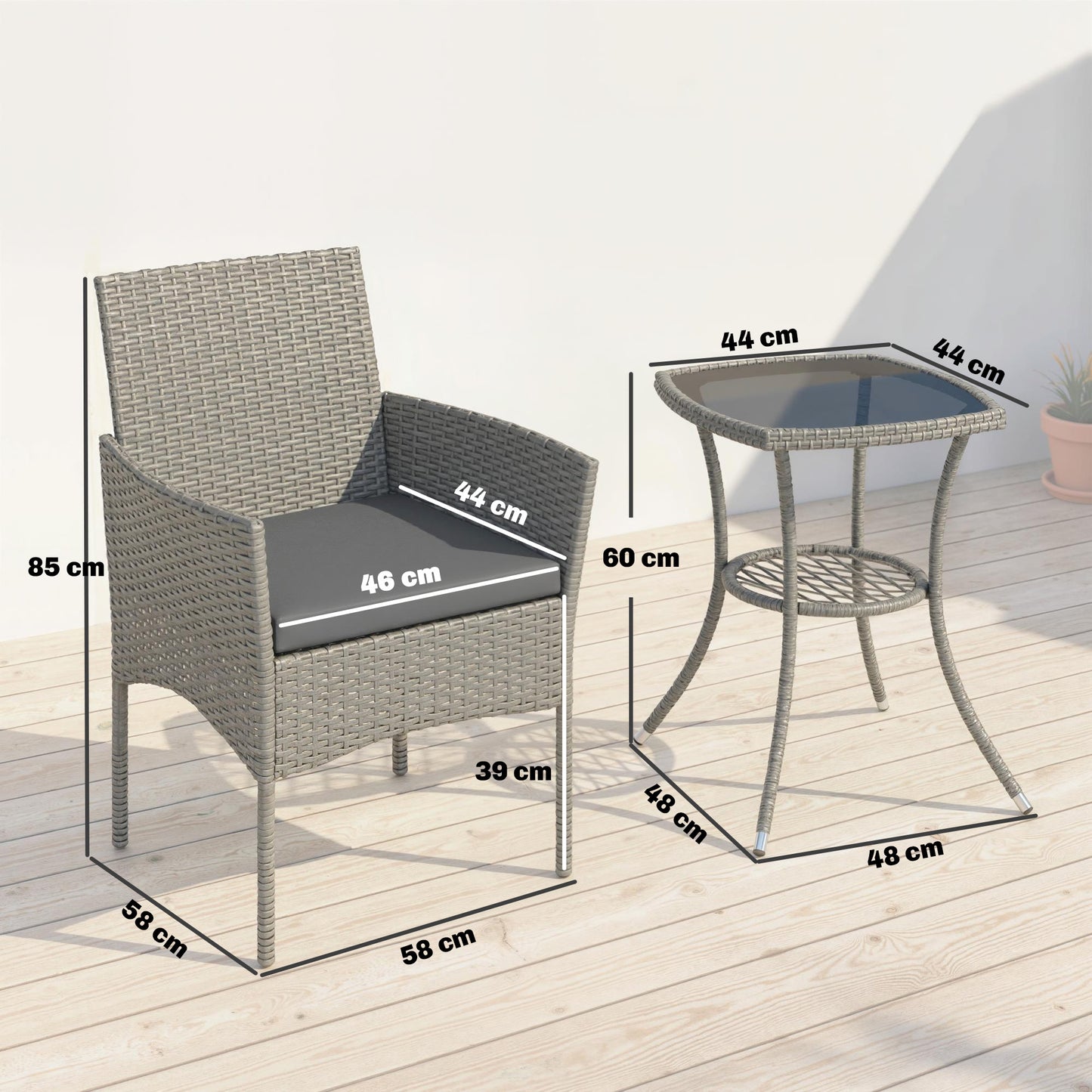 3 Piece Rattan Bistro Set | 2 Cushioned Armchairs | 2-Tier Glass Top Table | Powder Coated Steel | 120kg | Dark Grey