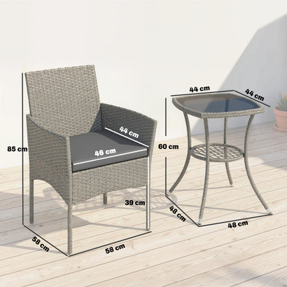 3 Piece Rattan Bistro Set | 2 Cushioned Armchairs | 2-Tier Glass Top Table | Powder Coated Steel | 120kg | Dark Grey