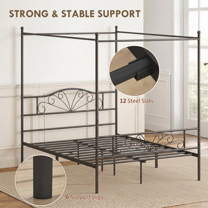 King Size Four-Poster Canopy Bed Frame | Headboard & Footboard | EVA-Padded Centre Bar | 12 Slats | 6 Legs | 29cm Under-Bed | 240kg | Mosquito Net Posts | 155.5x207x191cm | Black / White