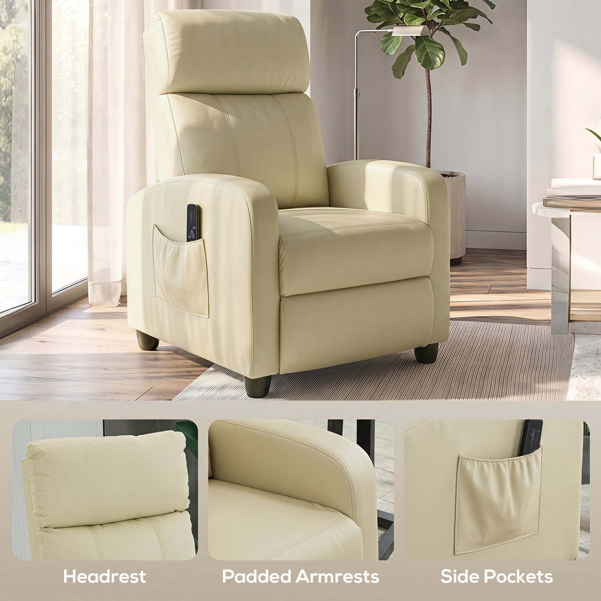 PU Leather Reclining Massage Armchair | 8 Modes 5 Intensity Levels | 2 Vibration Points | 150° Recline with Footrest | Remote Control | Side Pocket | 120kg | 68x88x98cm | Cream / Brown