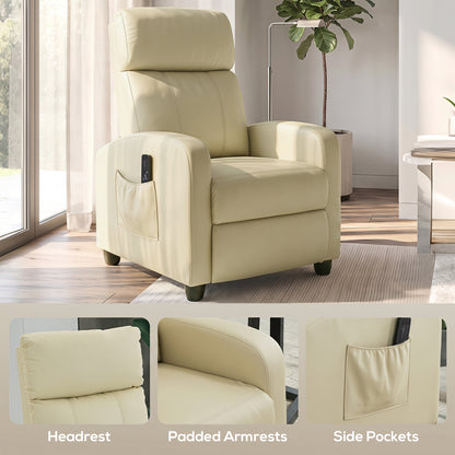 PU Leather Reclining Massage Armchair | 8 Modes 5 Intensity Levels | 2 Vibration Points | 150° Recline with Footrest | Remote Control | Side Pocket | 120kg | 68x88x98cm | Cream / Brown