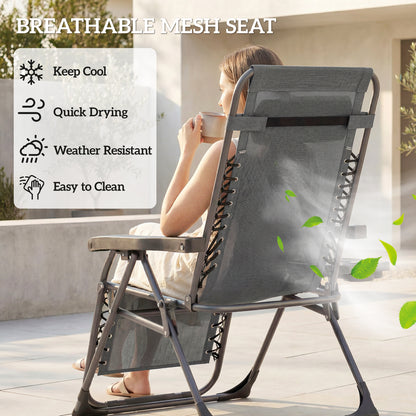 Set of 2 Zero Gravity Folding Sun Loungers | Reclining | Headrest & Tray | Dark Grey