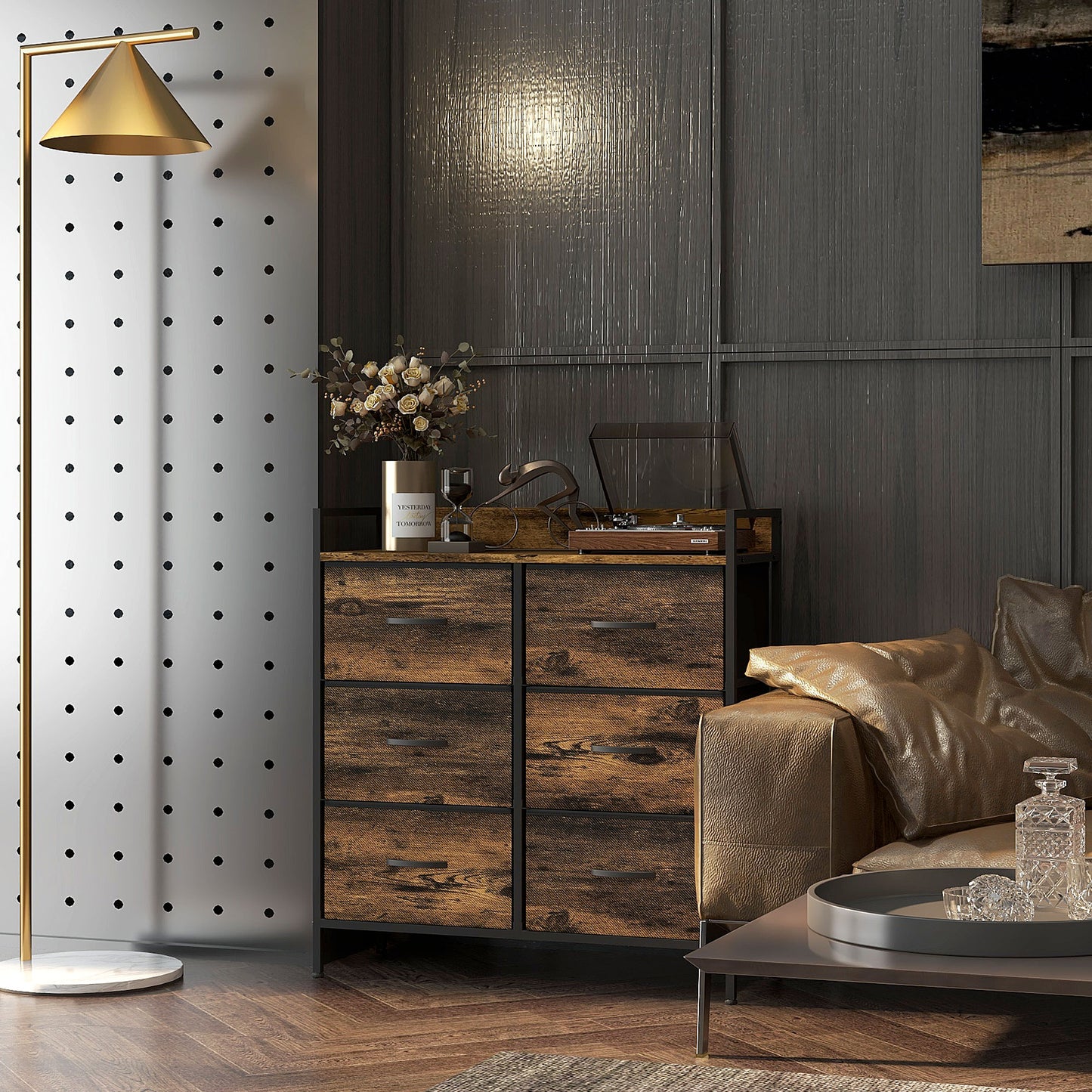 Retro Style Rustic Chest of Six Fabric Storage Drawers - Brown Wood Effect