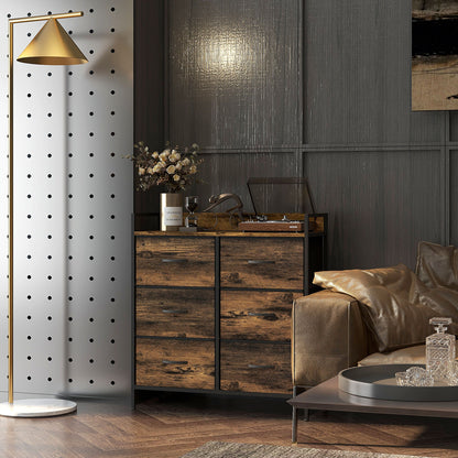 Retro Style Rustic Chest of Six Fabric Storage Drawers - Brown Wood Effect