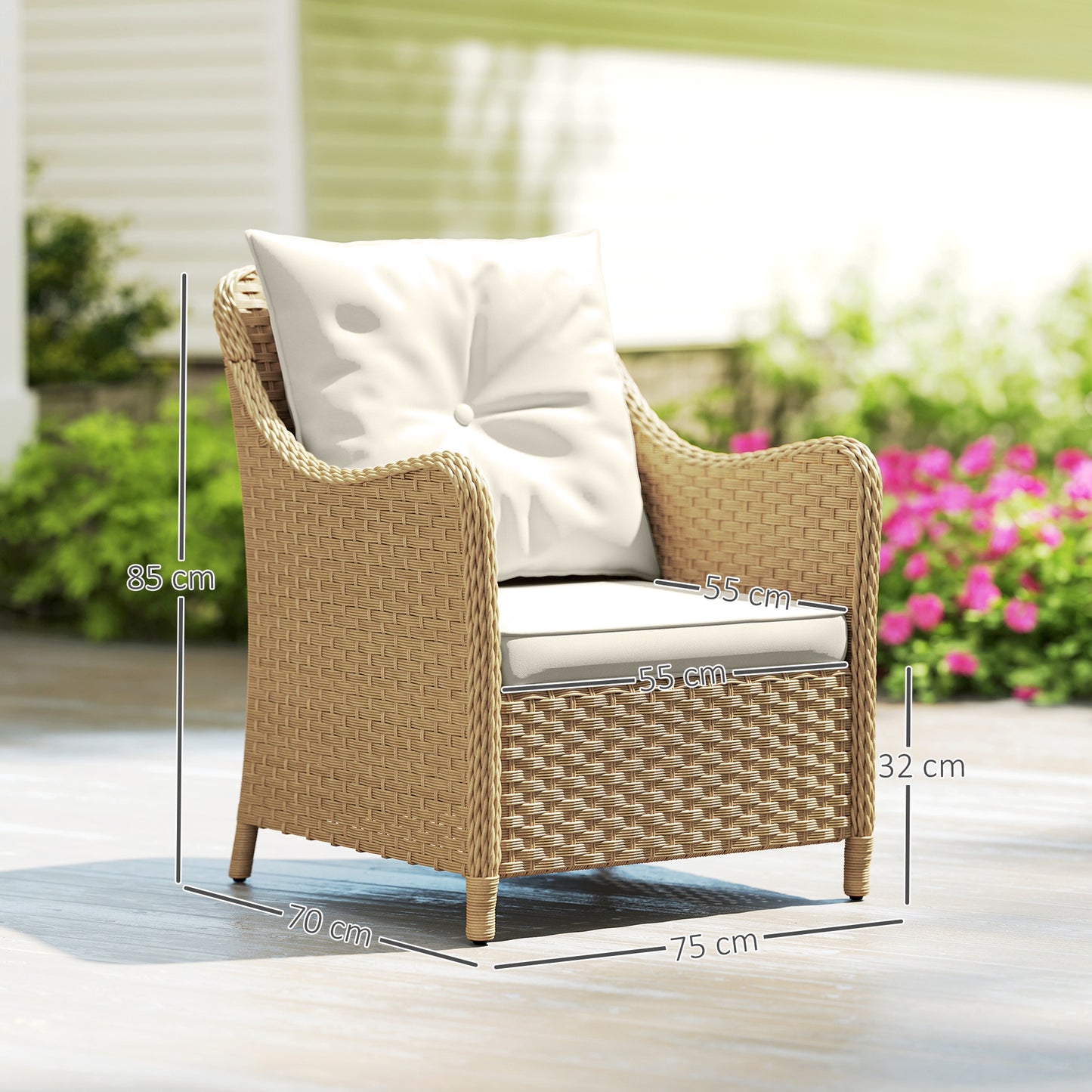 Outsunny Rattan Garden Chairs Set of 2, Outdoor Rattan Chairs with Cushions, Armrests and High Back, PE Wicker Garden Armchair with Steel Frame for Balcony, Porch