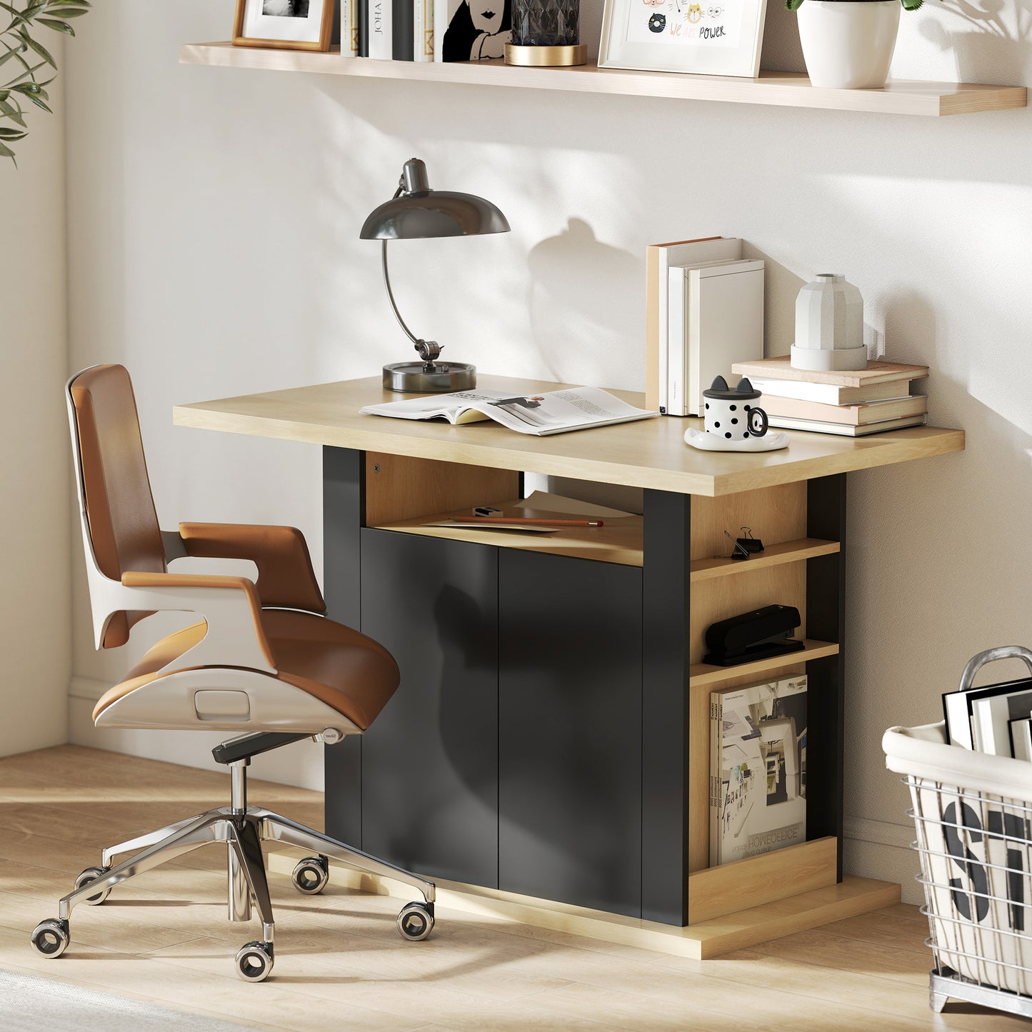 Kitchen Island with Storage Cabinets & Spice Rack | 4-Person Tabletop | Adjustable Shelves | Black & Natural Wood
