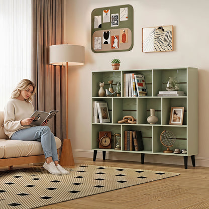 Cube Bookcase | 10-Cube Light Green & White 3-Tier Open Storage Shelf with Pine Legs