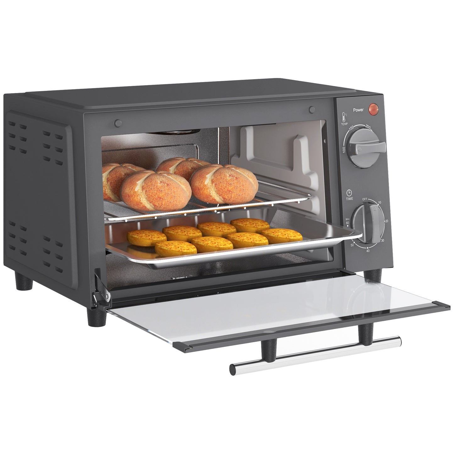 Mini Oven, 9L Countertop Electric Grill, Toaster Oven with Adjustable Temperature, Timer, Baking Tray and Wire Rack, 750W, Grey