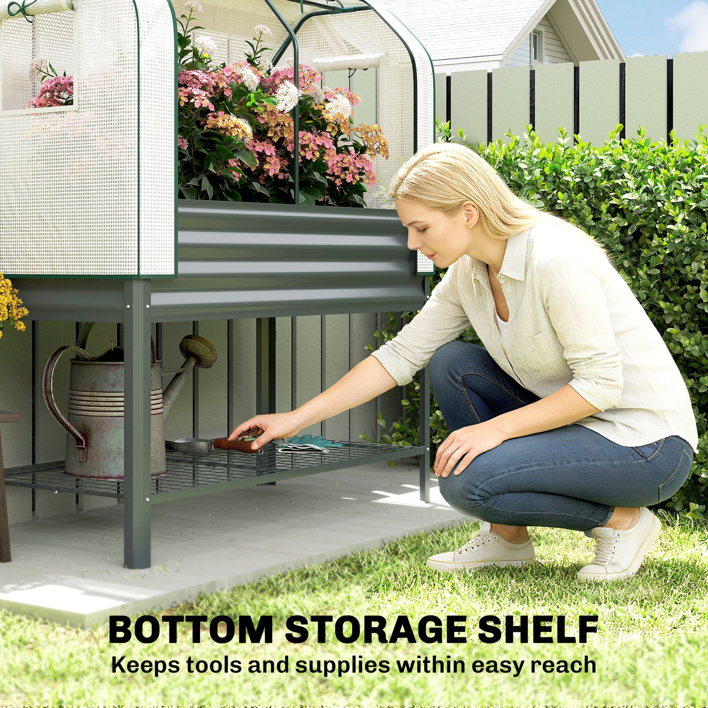 Galvanised Raised Planter with Greenhouse Cover | PE Cover Roll-Up Door & Side Vents | Elevated on Legs | Bottom Mesh Shelf | 180kg Capacity | 120x55x140cm | Dark Grey
