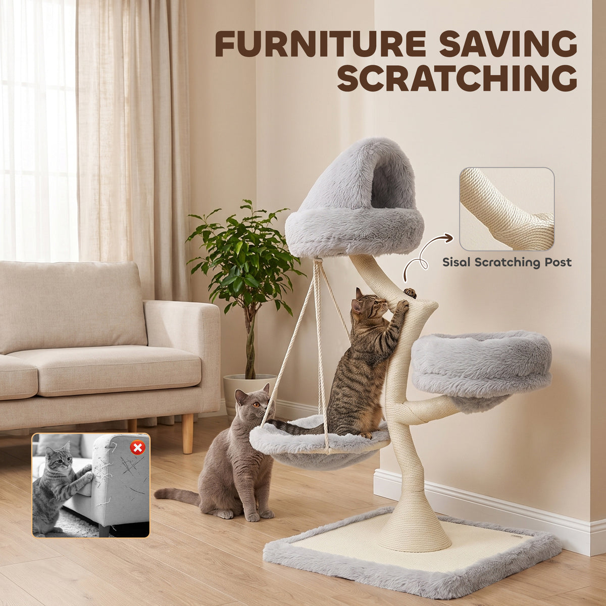 PawHut 115cm Modern Cat Tree | Branch-Style Sisal Scratching Post | 2 Washable Beds & Hanging Hammock | 60cm Base | Light Grey | For 1 Cat up to 6kg