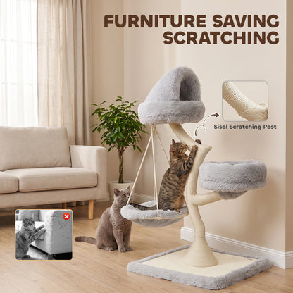 PawHut 115cm Modern Cat Tree | Branch-Style Sisal Scratching Post | 2 Washable Beds & Hanging Hammock | 60cm Base | Light Grey | For 1 Cat up to 6kg