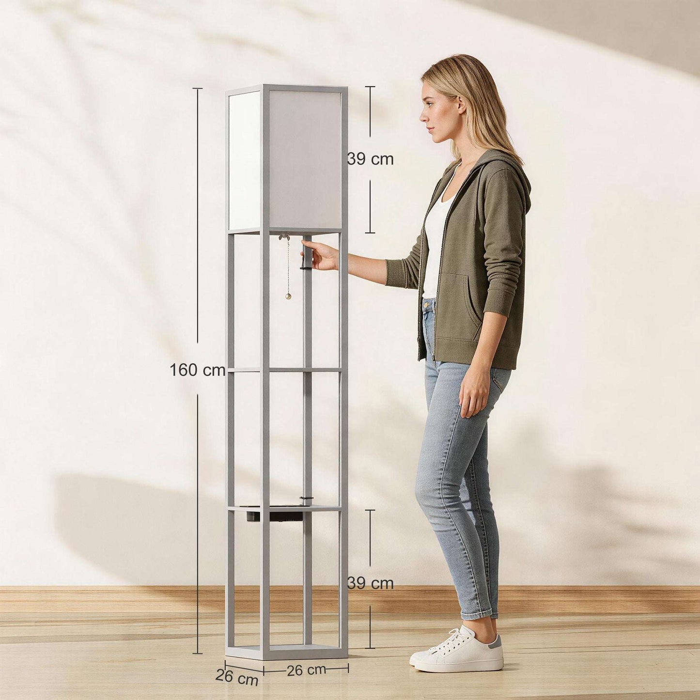 Floor Lamp with 3 Shelves | Column Design | MDF | E27 LED Included | Foot Switch | 160cm | 2.5kg per Tier | Grey