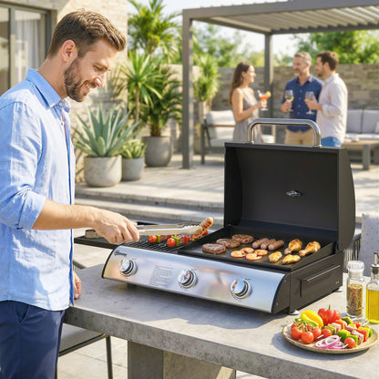 3 Burner Portable Gas Plancha BBQ Grill | 8.1kW | 2224cm² | Grill & Griddle | Thermometer | Side Shelf | Grease Box | LPG/Propane | 77x47x27cm | Black