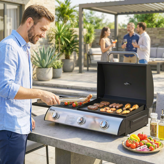 3 Burner Portable Gas Plancha BBQ Grill | 8.1kW | 2224cm² | Grill & Griddle | Thermometer | Side Shelf | Grease Box | LPG/Propane | 77x47x27cm | Black