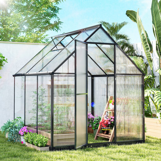Polycarbonate Greenhouse with Swing Door and Adjustable Window, Walk-in Greenhouse with Rain Gutter, 6 x 6.5ft, Black