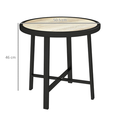 Round Garden Bistro Side Table | Dia 50.5x46cm | Waterproof SPC Top | Wood Grain Effect | Powder Coated Metal Frame | Anti-Slip Feet | 30kg | Natural Wood Finish
