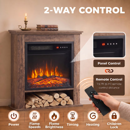 1800W Electric Fireplace Suite | Oak-Tone or Black Surround & Display Shelf | C Energy Rating | 5 Flame Brightness & Speed Settings | Timer & Remote