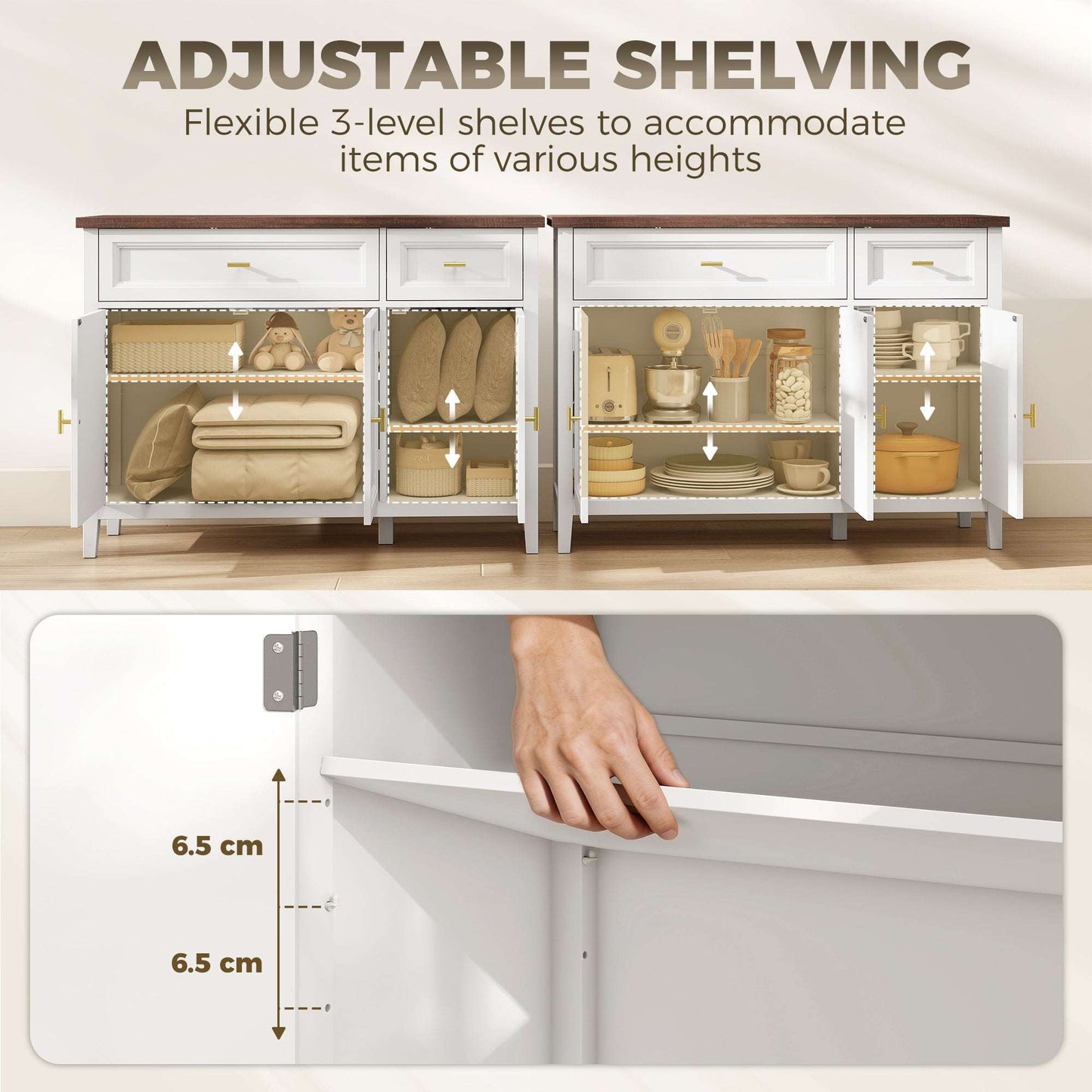 Modern Sideboard | 3 Doors & 2 Drawers | 3-Position Adjustable Shelves | Gold Alloy Handles | Anti-Tipping Straps | Water-Resistant | 75kg Capacity | 110x35x80.5cm | White & Brown Wood Effect