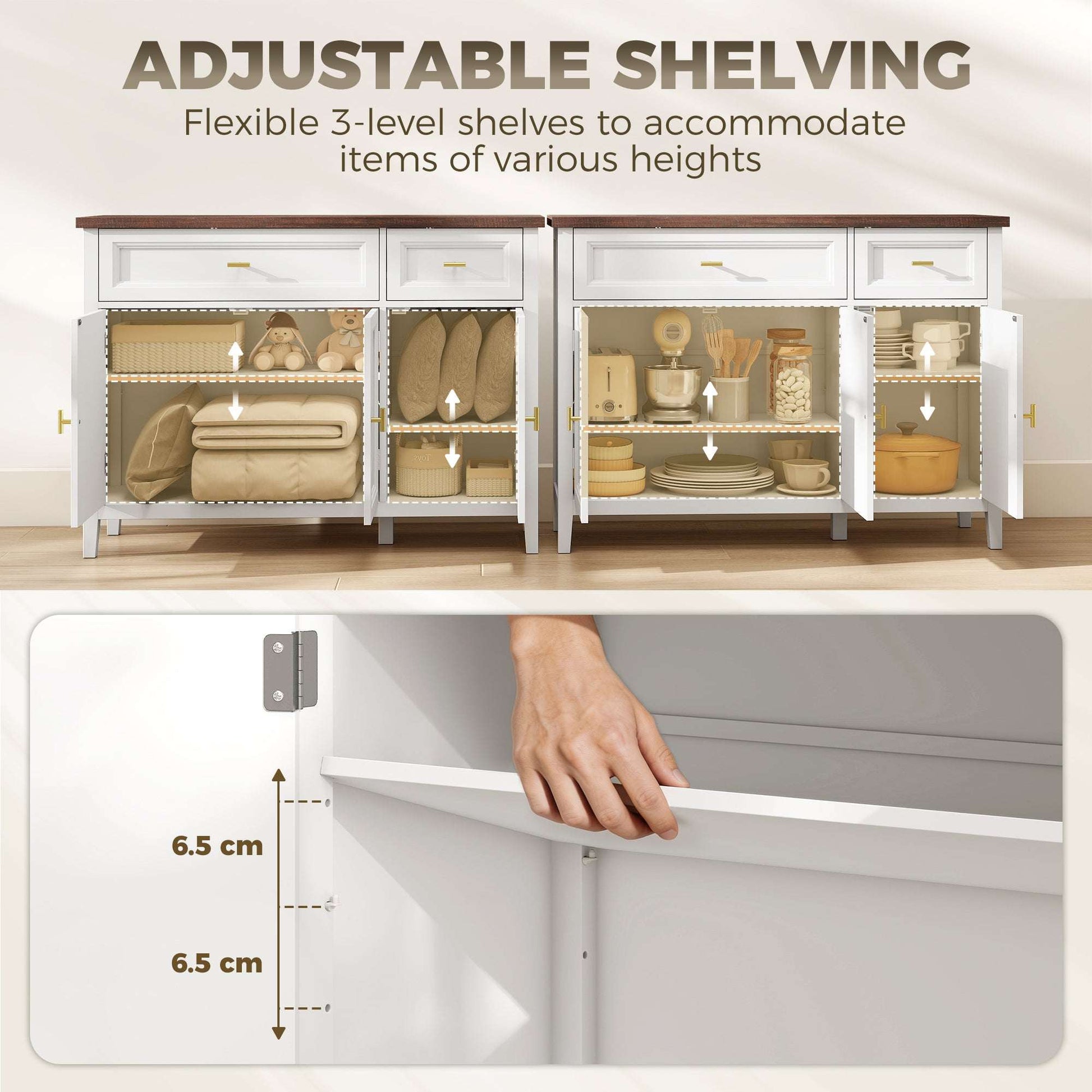 Modern Sideboard | 3 Doors & 2 Drawers | 3-Position Adjustable Shelves | Gold Alloy Handles | Anti-Tipping Straps | Water-Resistant | 75kg Capacity | 110x35x80.5cm | White & Brown Wood Effect