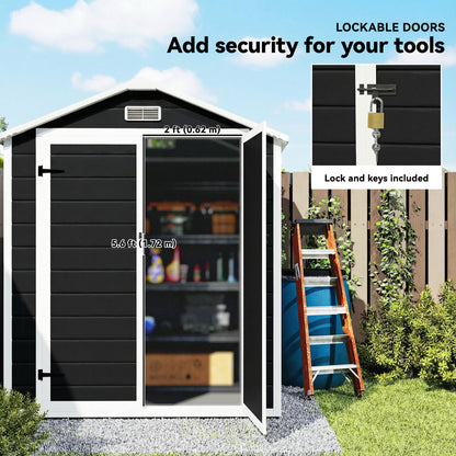 Aluminium Alloy & PP Garden Storage Shed | Double Doors | Lock & 3 Keys | Window | Vent | Sloped Roof | 40kg/m² Snow Rating | 183x134x210cm | 2.12m² | Black
