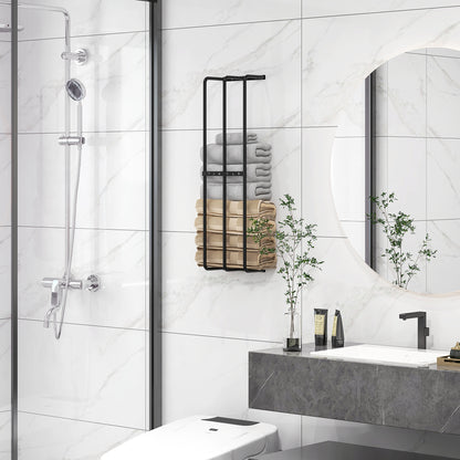 Towel Rail Wall Mounted Metal Rack Holder Organiser Holds Up to 6 Large Size (160 x 100cm) Rolled Towels, 3 Bar Towel Storage for Bathroom - Black