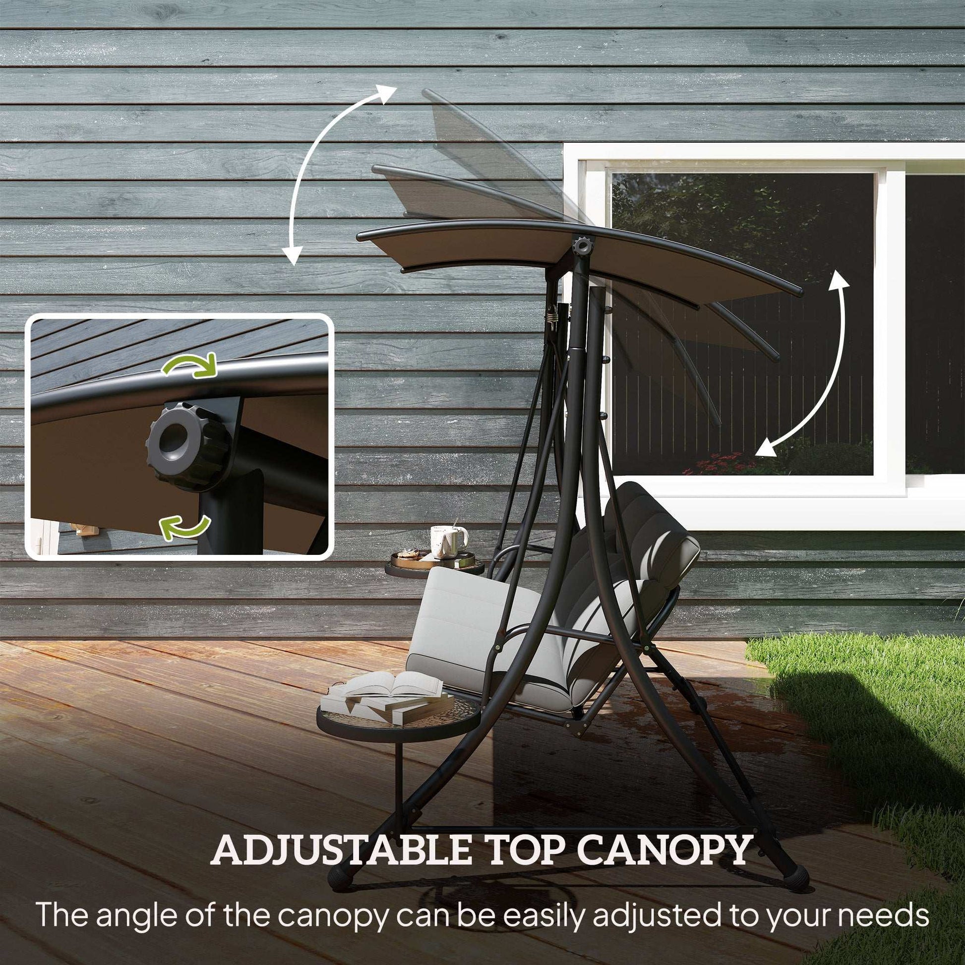 Outsunny 3 Seater Garden Swing Chair with Adjustable Canopy, Cushion and Coffee Tables for Outdoor Dark Grey
