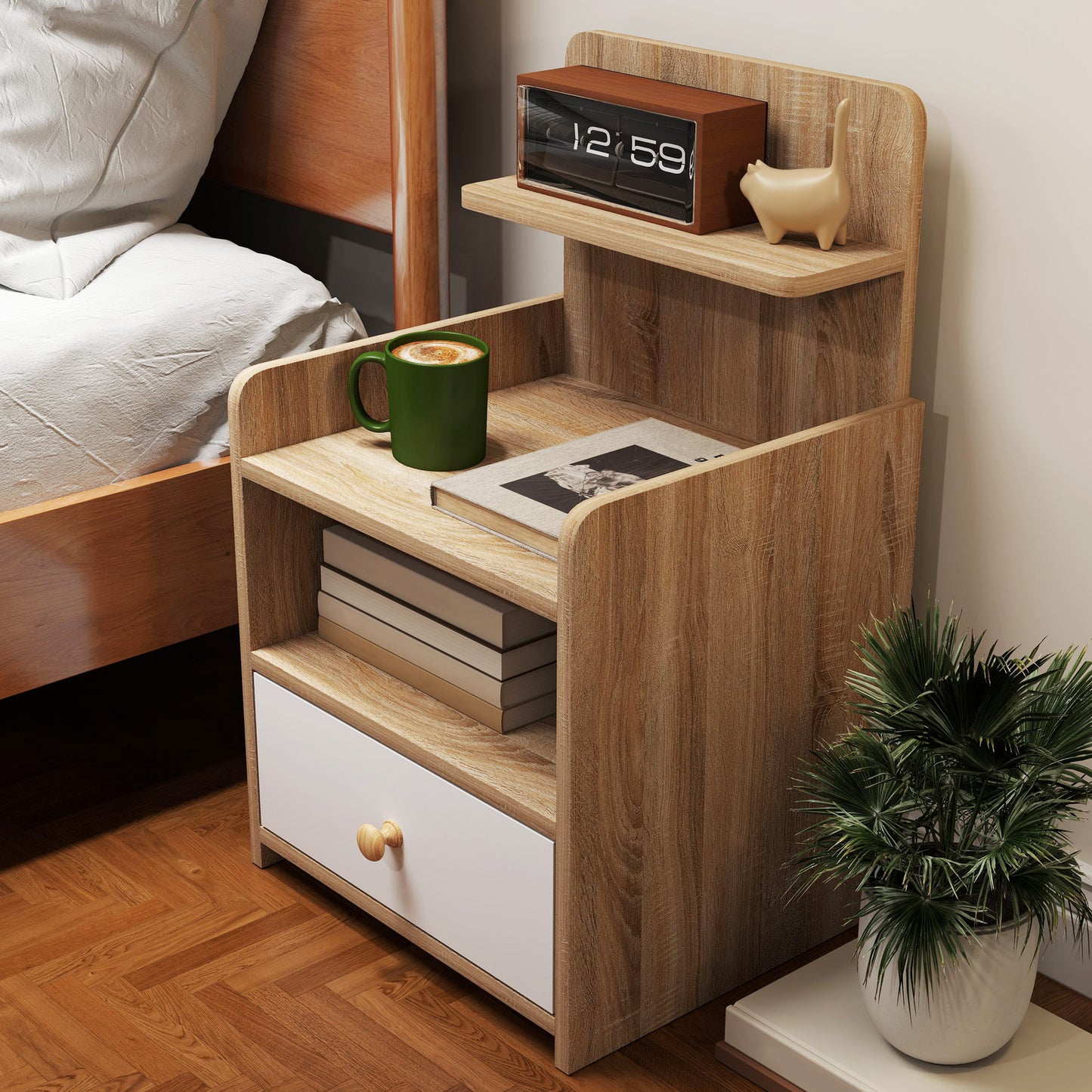 Multi-Storage Bedside Table - White/Wood-Effect