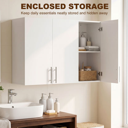 Wall-Mounted Cabinet | White MDF | 90x31x60cm | 3 Doors | Large & Small Cabinet | Adjustable Shelf 6.4cm Steps | Soft-Close Hinges | 20kg | Bathroom Kitchen Living Room