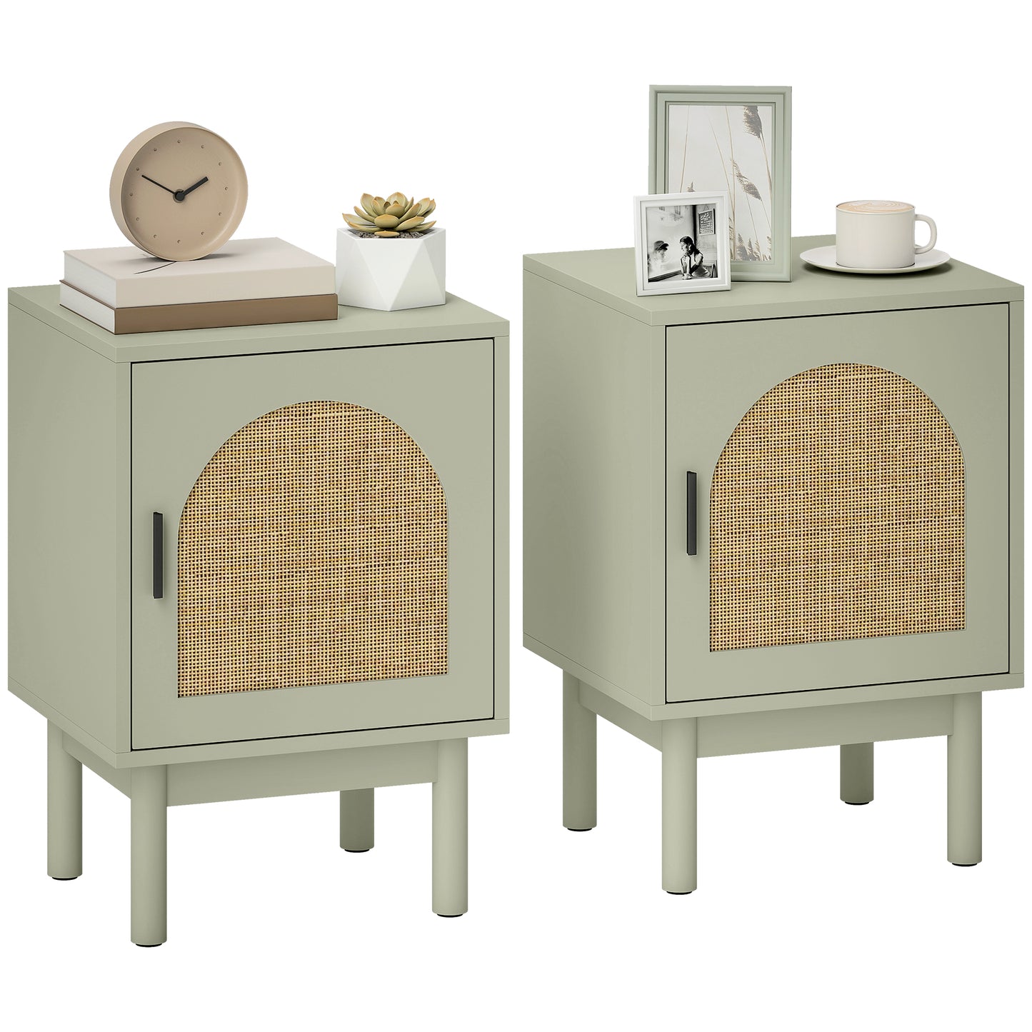 Set of 2 Rattan Boho Bedside Tables | Arch Doors | Solid Wood Legs | Light Green