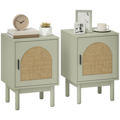 Set of 2 Rattan Boho Bedside Tables | Arch Doors | Solid Wood Legs | Light Green