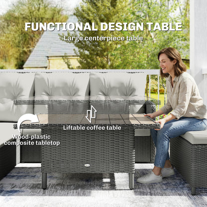 6-Piece PE Rattan Corner Garden Sofa Set | 2 Loveseats | Corner Sofa | 2 Footstools | Liftable Coffee Table | Washable Cushions | 120kg | Cream