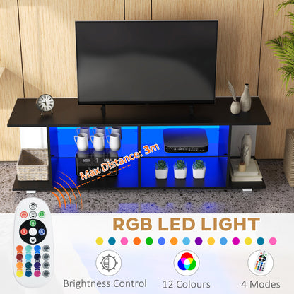 TV Stand, 145cm Modern TV Unit with Glass Shelves, RGB LED Light for 32 40 43 50 52 55 60 inch 4k TV, Black