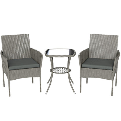 3 Piece Rattan Bistro Set | 2 Cushioned Armchairs | 2-Tier Glass Top Table | Powder Coated Steel | 120kg | Dark Grey