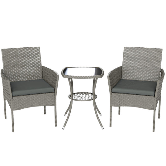 3 Piece Rattan Bistro Set | 2 Cushioned Armchairs | 2-Tier Glass Top Table | Powder Coated Steel | 120kg | Dark Grey