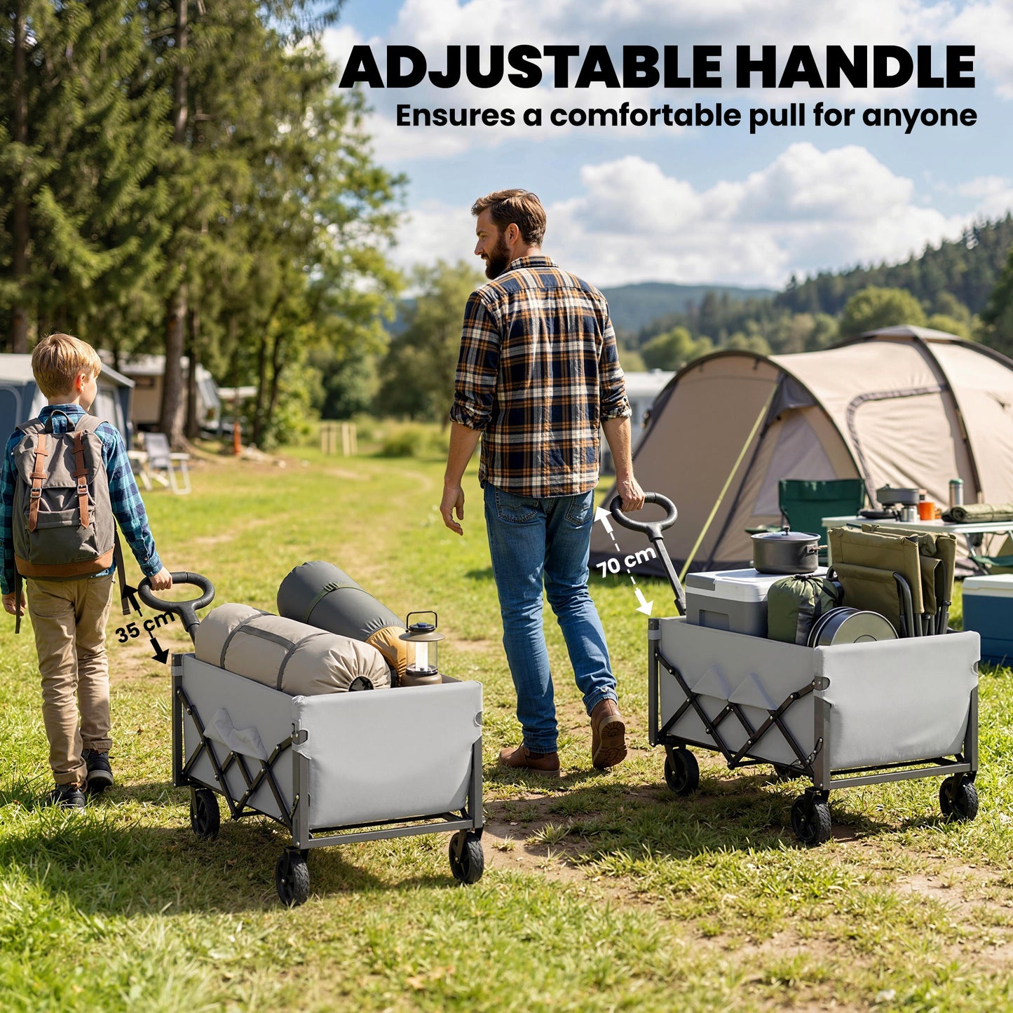 80L Foldable Festival Camping Trolley | Drop-Down Tailgate | Adjustable Handle | 2 Cup Holders | Storage Bags | Quick Release Wheels | 150kg | Grey