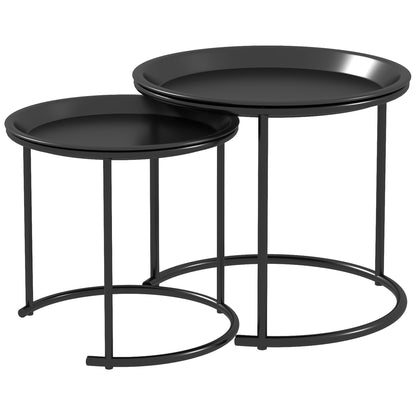 Nesting Tables Set of 2, Side End Table with Removable Tabletop Tray and Steel Frame for Living Room, Bedroom, White