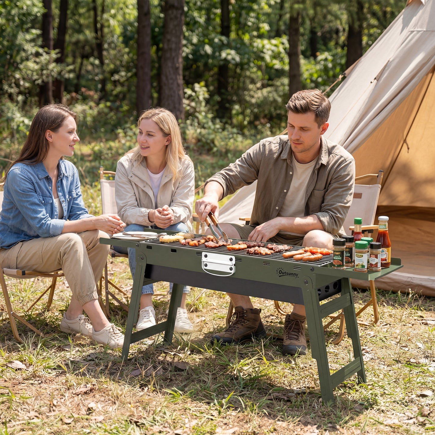 Outsunny Portable BBQ Grill, Foldable Charcoal Grill for Camping and Picnics with 2 Side Shelves and Handle