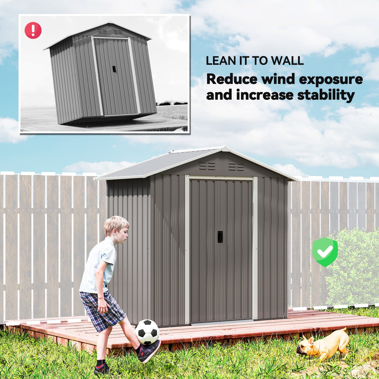 Galvanised Steel Garden Storage Shed | Double Sliding Lockable Door | 4 Vents | Sloped Roof | Steel Tile Roof & Walls | 194x107x191cm | 1.8m² | Light Grey