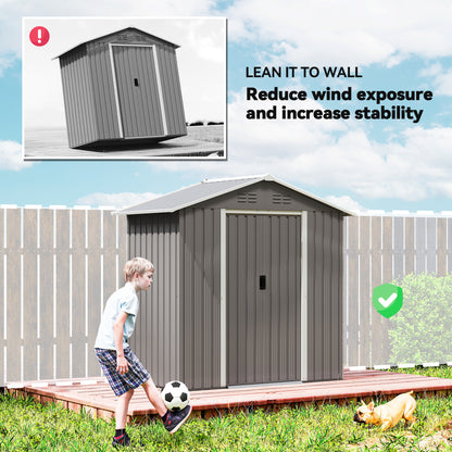 Galvanised Steel Garden Storage Shed | Double Sliding Lockable Door | 4 Vents | Sloped Roof | Steel Tile Roof & Walls | 194x107x191cm | 1.8m² | Light Grey