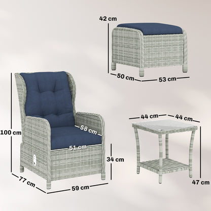 5 Piece Rattan Garden Furniture Set | 2 Reclining Chairs & 2 Footstools | Side Table | 90-135° Backrest | Aluminium Frame | Washable Cushions | 120kg | Dark Blue