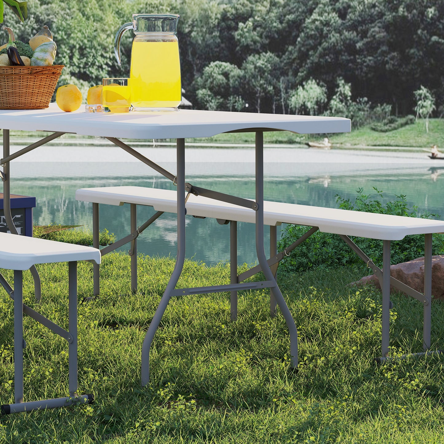 3 Piece 6ft Folding Picnic Table and Bench Set, Portable HDPE Camping Table and Chairs with Carrying Handles for Indoor Outdoor, Dining, Camping