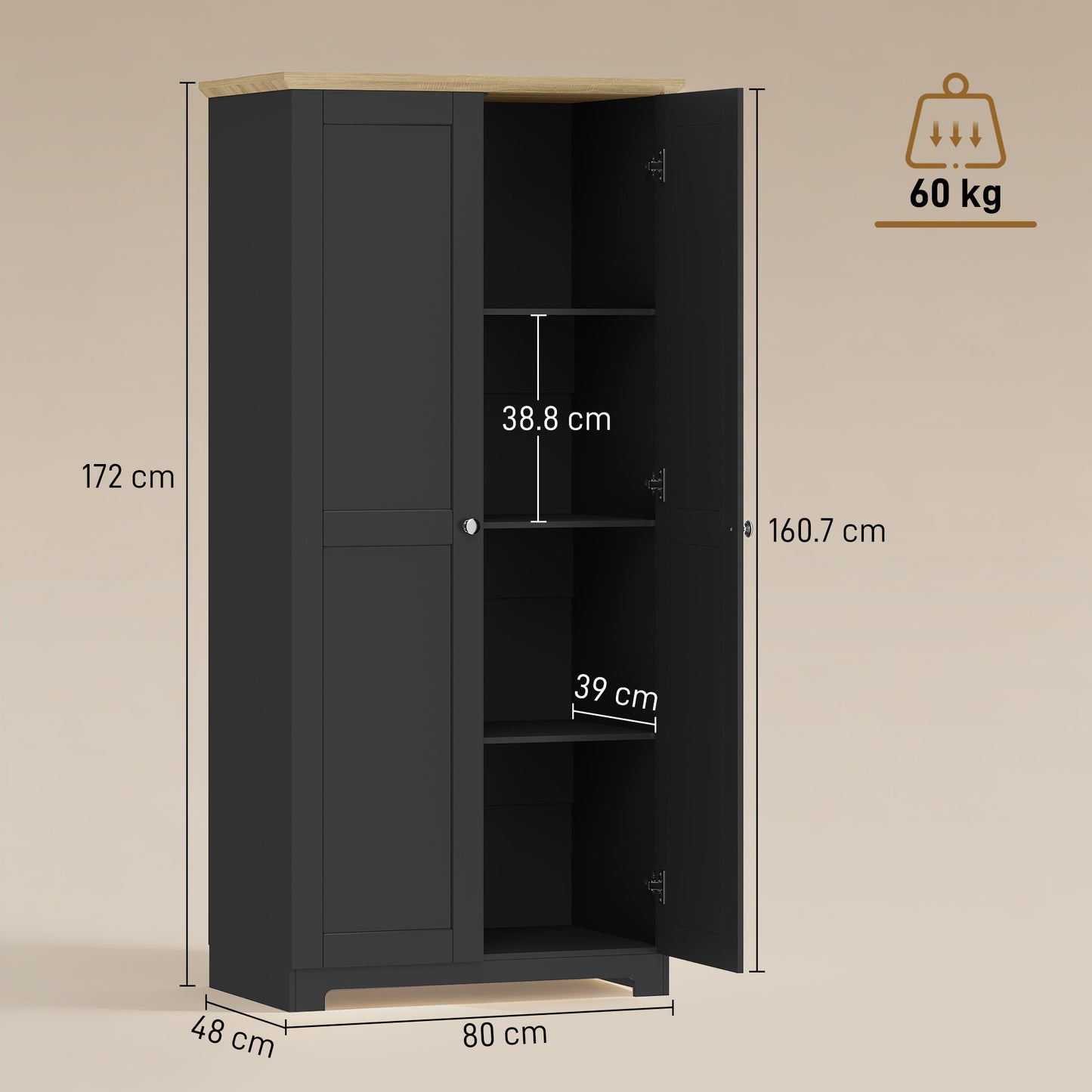Freestanding Kitchen Cupboard | 172cm | 4 Shelves | 2 Doors | Wall Fixings | 30kg per Tier | MDF | Black