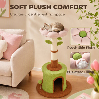 PawHut 88cm Flower Cat Tree | Condo & Plush Bed | Sisal Scratching Post | 3 Tiers | 2 Toy Balls & 2 Crinkle Leaves | 270g Plush | Peach Velvet | Freestanding | 48x48x88cm | 5kg Max | Green Pink Brown Beige